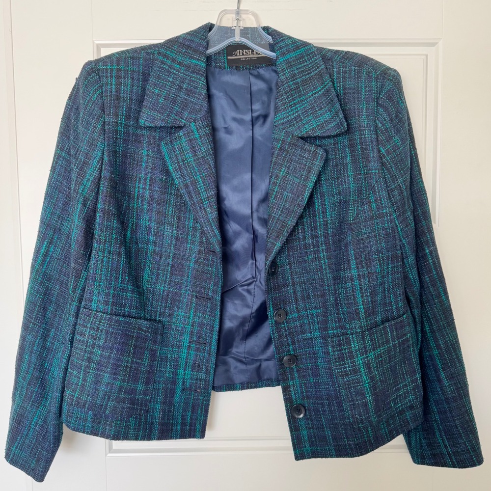 Ainsley Collection Linen Blazer Petite 12P Blue Green‎ Plaid Career Business